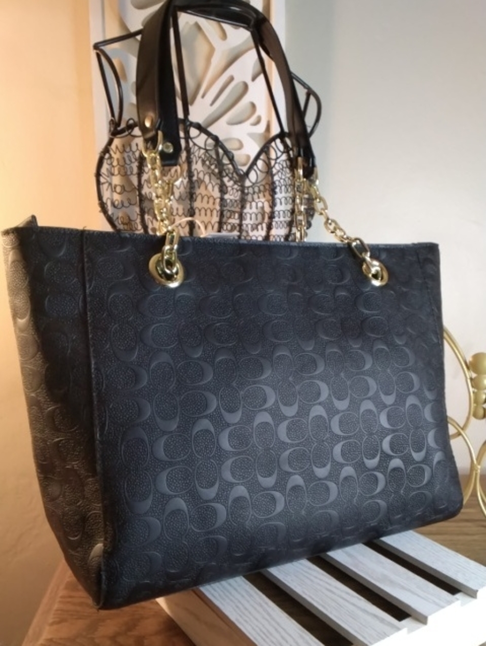 Classic Textured Black Tote Bag with Gold Chain Accents